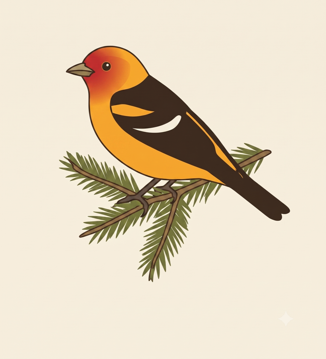 A raster illustration of a male Western Tanager with an orange body, red face, and dark-brown wings and tail with a white wing bar, perched on a spruce sprig on a cream ground.