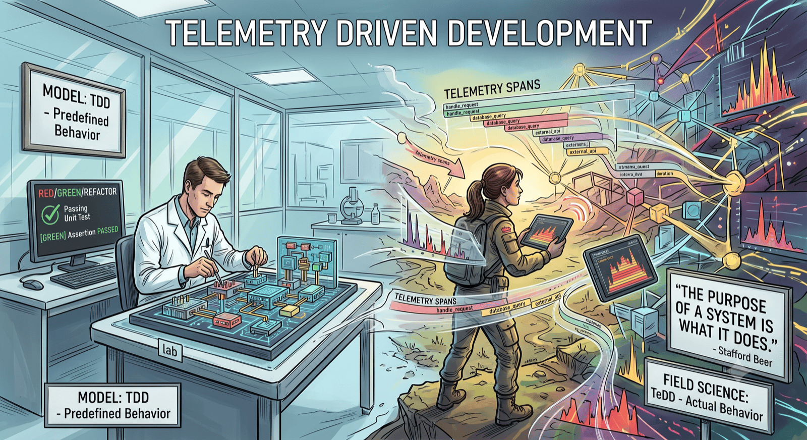 Split illustration: on the left, an engineer in a lab coat working at a workbench with red/green/refactor monitors labeled &ldquo;MODEL: TDD — Predefined Behavior&rdquo;; on the right, a field-scientist figure walking through a landscape of telemetry span waterfalls and flame graphs, alongside a placard reading &ldquo;The purpose of a system is what it does — Stafford Beer&rdquo; and &ldquo;FIELD SCIENCE: TeDD — Actual Behavior&rdquo;.